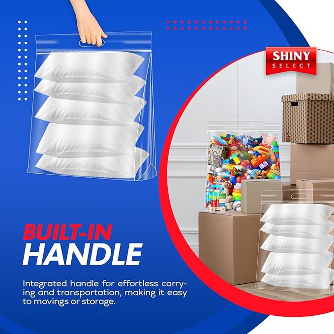 10 Gallon Jumbo Storage Bag w/Handle & Resealable Zipper Top 24x24, 3 Bags – Clear Big Plastic, Extra Large XL, 4 Mil Thick Heavy Duty for Linens, Baby Items, Documents, Sports Equipment