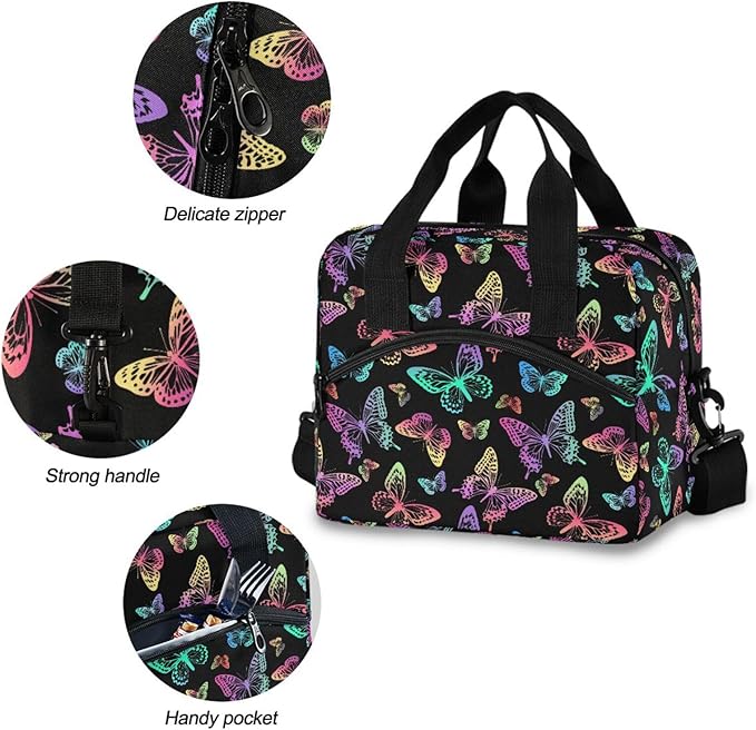 Rainbow Butterfly Lunch Bag for Man and Women Water-Resistant Fabric Portable Lunch Box, Insulated Meal Tote with Front Pocket