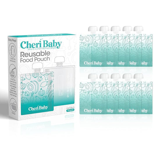 CheriBaby Reusable Baby Food Pouches for Toddlers – 10 Packs, BPA Free Plastic, Food Safe, Freezer Safe, Refillable Squeeze Pouch for Applesauce, Yogurt & Puree, Leakproof Double Lock Zipper, 4oz Max