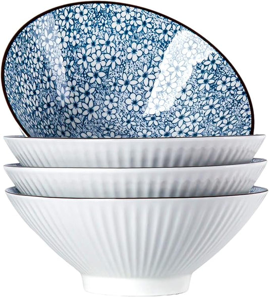 38 oz Japanese Ramen Bowl Set of 4 - Large 8 Inch Ceramic Soup Bowls, Blue and White Japanese Noodle Bowls for Pho, Ramen, and Cereal - Cherry Blossom Floral Patterns