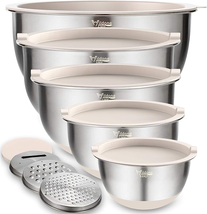 Wildone Mixing Bowls with Lids Set, 5PCS Stainless Steel Khaki Nesting Bowls with 3 Grater Attachments, Measurement Marks & Non-Slip Bottoms, Size 5, 3, 2, 1.5, 0.63 QT, Great for Mixing & Serving
