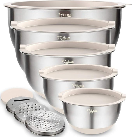 Wildone Mixing Bowls with Lids Set, 5PCS Stainless Steel Khaki Nesting Bowls with 3 Grater Attachments, Measurement Marks & Non-Slip Bottoms, Size 5, 3, 2, 1.5, 0.63 QT, Great for Mixing & Serving