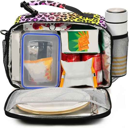 Pfrewn Lunch Box for Kids School Students Multicolor Leopard Rainbow Gradient Insulated Lunch Bag with Shoulder Strap for Office Adults Reusable Cooler Bags Lunch Tote for Girls Boys Teens