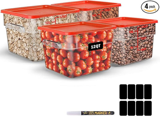 12Qt NSF Food Storage Containers with Lid - 4pcs Food Grade/Heat Resistant/Freezer Safe/Clear Square Large Food Storage Containers Set with Scale Handles for Restaurant Kitchen Pizza Cereal, w/ Labels
