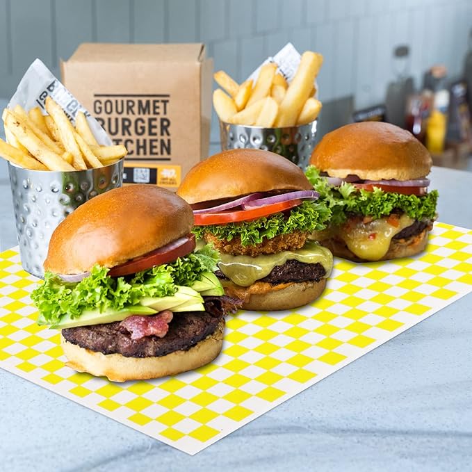 GeeRic Waxed Deli Paper Sheets 12 * 12 Inch, 100 Pcs Food Basket Liners for Sandwiches, Burgers, Checkered Deli Wrap Wax Paper Sheets Yellow