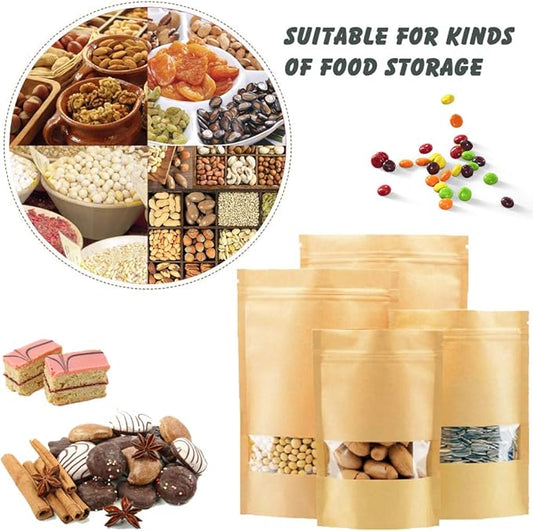 100 Pcs Resealable Stand Up kraft Paper Bags with Window for Packaging Products, Reusable Zip Lock Food Storage Pouch Bags (3.5" x 5.5")
