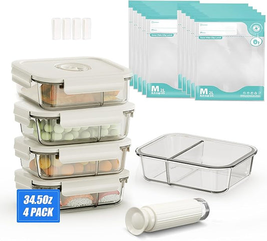 19 PCS Vacuum Sealer, Handheld Manual Vcuum Pump For Borosilicate Glass Vacuum Storage Containers, 2 Compartment | Airtight |Vacuum Seal, 4-Packcontainers(34.5 Oz), 10 Reusable Food Saver Sealer Bags