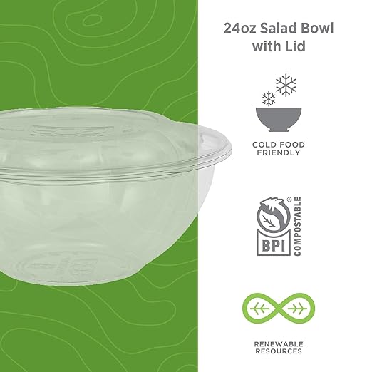 ECO PRODUCTS Compostable Clear PLA Plastic 24oz Salad Bowl With Lid, Pack of 50, Grab 'n' Go Round Cold Takeout Food Containers, Renewable Plant-Based, Disposable, ASTM Compliant, BPI-Certified