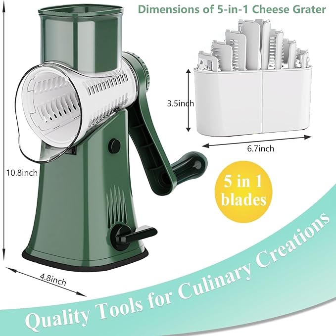 Rotary Cheese Grater 5 in 1 Cheese Grater with Handle Vegetable Slicer with 5 Interchangeable Blades, Storage Box, Green Cheese Shredder with Strong Suction Base for Kitchen (Green)
