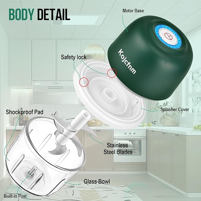 Electronic mini Food Slicer, Garlic Chopper, Small Vegetable Processor, Wireless Rechargeable Dicer, Veggie Rolling Blender, Spice Masher, Onion Cut Mincer, 350ml Glass Bowl, 6 Blades, Dark Green.