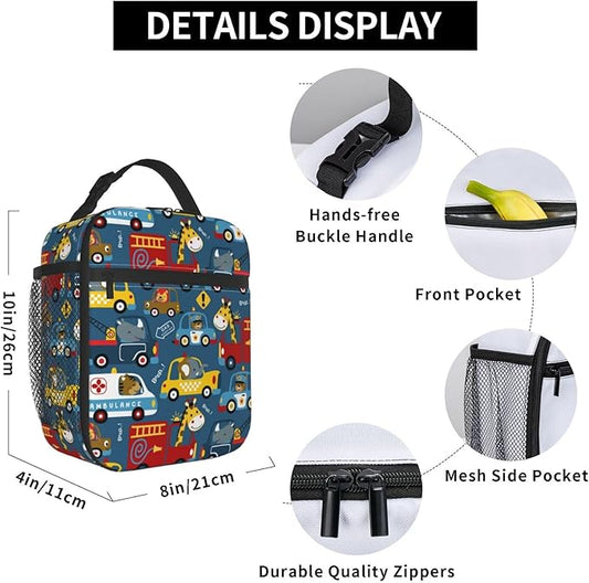 Insulated Lunch Box for Toddler Boys Kids Cars Lunch Box for Work,Picnic,School,Travel,Hiking,Beach or Fishing Polyester Funny Animal Driver Cars Theme Lunch Bag