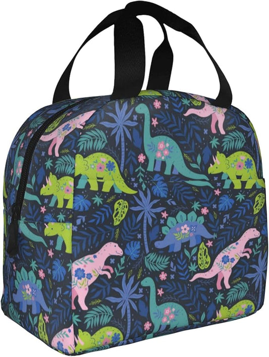 Dinosaur Lunch Box Cartoon Cute Animals Insulated Lunch Bag for Women Men Reusable Cooler Navy Dinosaur Flowers Lunch Tote Bag with Front Pocket for Hiking Picnic Travel Office, wjoy-box-8