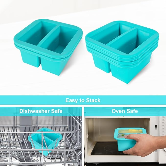 Silicone Freezer Tray with Lid 4 Pack Silicone Freezer Molds Ice Cube Tray Makes 8 Perfect 1 Cup Portions Soup Cubes Meal Prep Containers - Oven & Dishwasher Safe