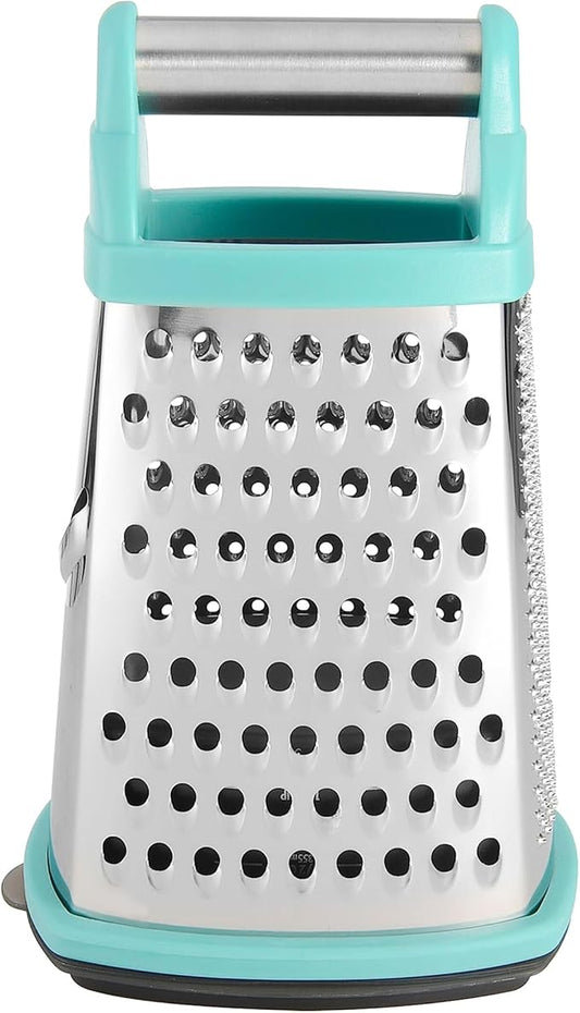 KitchenAid Gourmet 4-Sided Stainless Steel Box Grater for Fine, Medium and Coarse Grate, and Slicing, Detachable 3 Cup Storage Container and Measurment Markings, Dishwasher Safe, 10 inches tall, Aqua