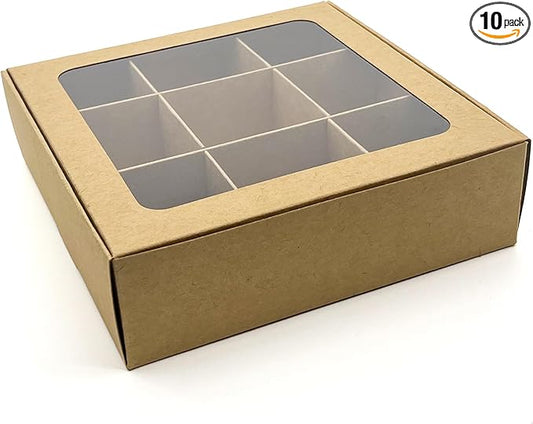 Treat boxes with window and dividers | 9 SMALL compartments | 6.5 x 6.5x 1.9 in | Chocolate covered strawberries supplies, macaron boxes, baked goods packaging | 10-pack (Kraft)