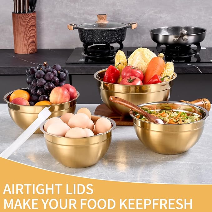 4-Piece Gold Stainless Steel Mixing, Cereal, Dessert, Rice, Fruit, Dipping Bowl Set With Airtight Lid, Unbreakable Deep Soup Bowl