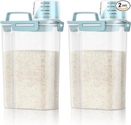TBMax Rice Container Cereal Storage Container 2 Pack 5 Lbs, Plastic Kitchen Pantry Food Storage Container with Cup, Small Pet Dog Cat Food Container Dispenser -Blue