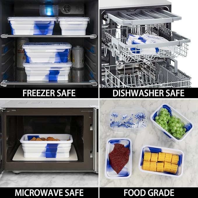 Collapsible Food Storage Containers with Lids in Blue and White Porcelain China Style, 48oz, 4 Pack, Stackable Silicone Containers for Food Lunch, Microwave Freezer Dishwasher Safe, Clear