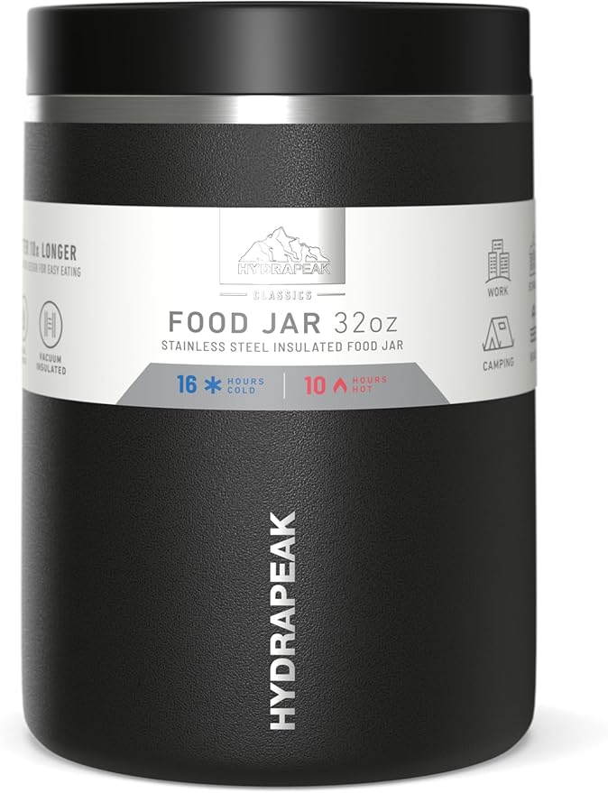 Hydrapeak 32oz Stainless Steel Vacuum Insulated Thermos Food Jar | Thermos for Hot Food and Cold Food, Wide Mouth Leak-Proof Soup Thermos for Adults, 10 Hours Hot and 16 Hours Cold (Black)