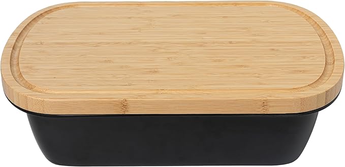 Grill Marinade Tray with Wood Lid, Grill Serving Platter Set, Barbeque Prep Platter Sets, 2 Piece Melamine Prep and Store Tray with Cutting Board for Grill, Meal Prep, Barbeque, Black