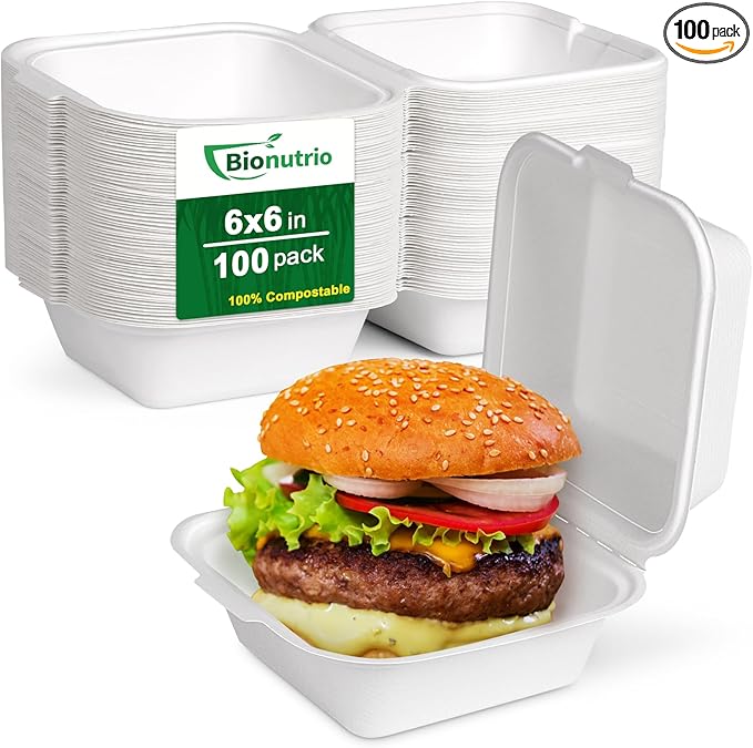 6x6 Clamshell Take Out Containers, 100 Pack To Go Boxes, Compostable To Go Food Containers, Heavy-Duty Take Out Boxes Made Of Sugar Cane Fibers