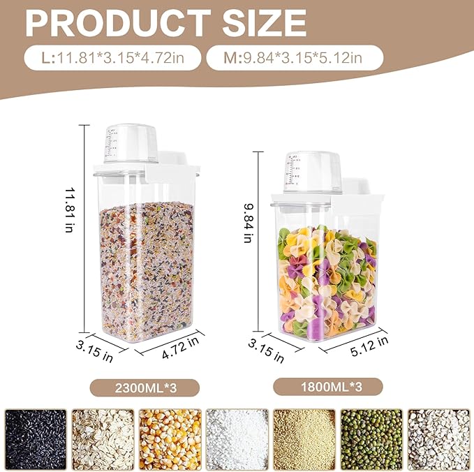 Air Tight Cereal Container Organizer Set of 6 - 1800ML & 2300ML Total 417oz, Dry Food Storage for Pet Food, Rice, Oatmeal with Pour Spout Lid and Plastic Small Measuring Cup for Flour and Sugar