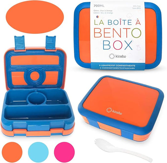 kinsho Bento Lunch Box for Kids Toddlers Boys, 5 Portion Sections Secure Lid, Microwave Safe BPA Free Removable Tray, Pre-School Kid Daycare Lunches Snack Container Ages 3 to 5, Blue Orange