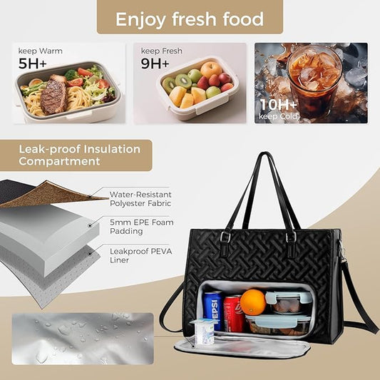 Lunch Tote Bag for Women, 15.6 inch Work Laptop Bag with Insulated Lunch Compartment - PU Leather Quilted Large Computer Handbag with Purse for Office Travel Casual - Black