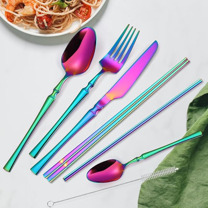 AARAINBOW 7 Pieces Stainless Steel Flatware Set Portable Reusable Cutlery Set Travel Utensils Set Including Chopsticks Knife Fork Spoon Straws Cleaning Brush Dishwasher Safe (B-Multicolored)