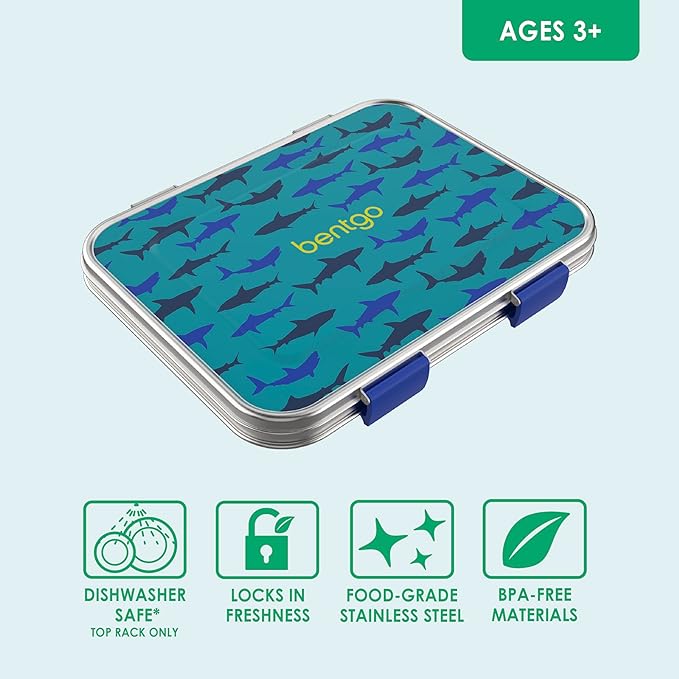Bentgo Kids Stainless Steel Prints Leak-Resistant Lunch Box - 3-Compartments with Bonus Silicone Container, Durable, Eco-Friendly, Dishwasher Safe, BPA-Free, Ideal for School, Ages 3+ (Shark)