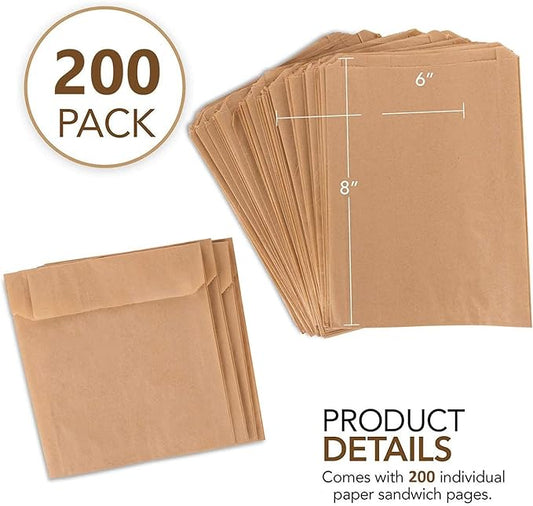 Paper Sandwich Bags Kraft Brown (200 Pack) – Biodegradable & Compostable Food Grade Unbleached Kraft Paper for Bakery, Cookies, Treats, Snacks, Sandwiches