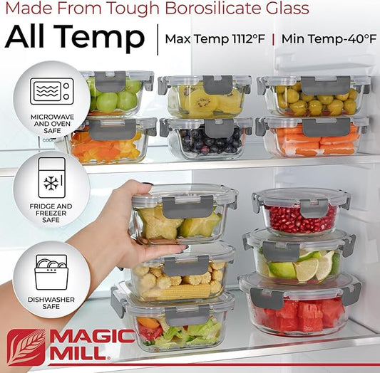 Magic Mill Glass Storage Containers with lids Set | Ultimate 24pc Sets with 12 Food Storage Containers & 12 Airtight Locking Lids for Lunch, Meal Prep, Fridge, Freezer, and Dishwasher Safe, BPA-Free