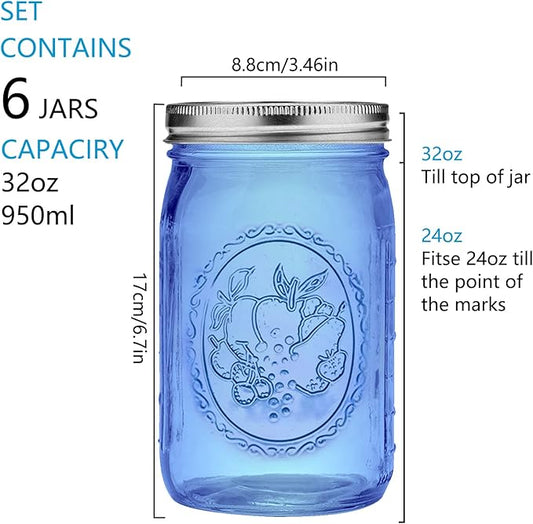 eleganttime Blue Wide Mouth Mason Jars 32 oz,6 Pack Colored Quart Glass Canning Jars with Airtight Lids for Canning,Pickling,Storage,DIY Crafts & Décor