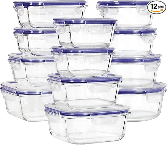 Glass Food Storage Containers with Lids, [24 Piece] Glass Meal Prep Containers, Airtight Glass Bento Boxes, BPA Free & Leak Proof (12 lids & 12 Containers) - Purple