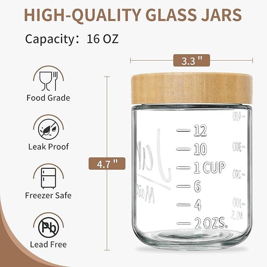 6-Pack Overnight Oats Containers with Bamboo Lids, 16oz Airtight Glass Meal Prep Jars for Oatmeal, Yogurt, Parfaits, Chia Pudding, Leakproof Mason Jars for Overnight Oats & Food Storage