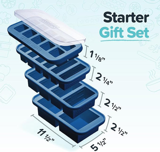 Souper Cubes Silicone Freezer Molds Gift Set with 2 Tbsp, 1/2, 1, and 2 Cup Silicone Freezer Trays With Lids - Meal Prep and Kitchen Essentials Bundle - Blueberry