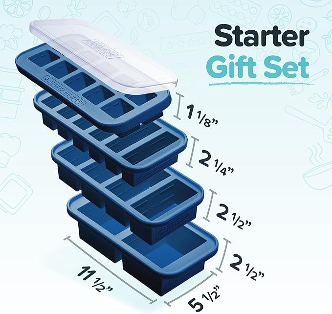 Souper Cubes Silicone Freezer Molds Gift Set with 2 Tbsp, 1/2, 1, and 2 Cup Silicone Freezer Trays With Lids - Meal Prep and Kitchen Essentials Bundle - Blueberry