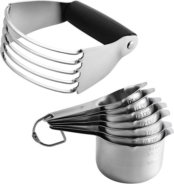 Spring Chef Professional Medium Dough Blender, Black & Stainless Steel Round Measuring Cups, Set of 7-2 Product Bundle