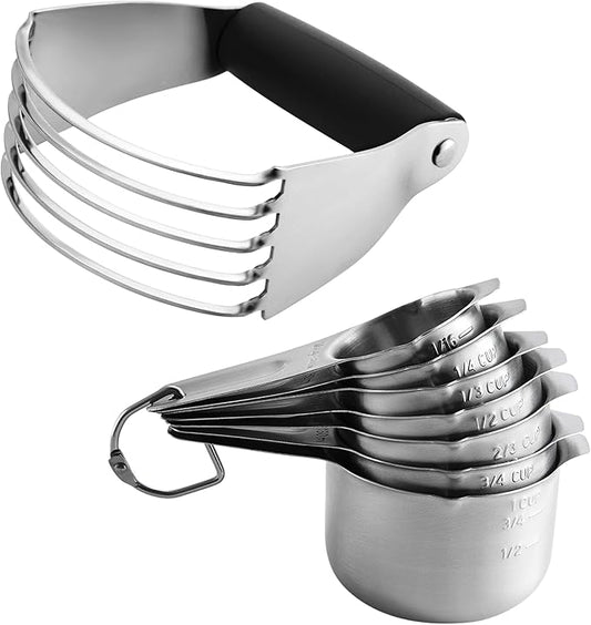 Spring Chef Professional Medium Dough Blender, Black & Stainless Steel Round Measuring Cups, Set of 7-2 Product Bundle