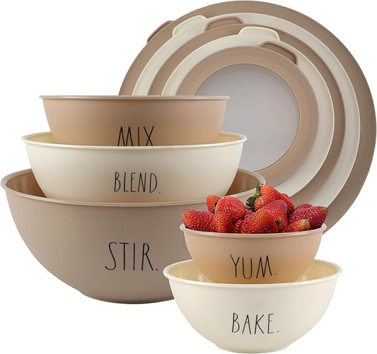 Rae Dunn Mixing Bowls with Lids - 10 Piece Plastic Nesting Bowls Set includes 5 Prep Bowls and 5 Lids (Brown)