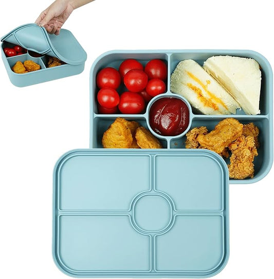 4 Compartment Silicone Bento Box, Leakproof Bento Lunch Box with Sauce Compartment BPA-Free, Reusable Meal Prep Lunch Food Storage Containers for Adults, Microwave and Dishwasher Safe