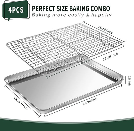Jelly Roll Pan with Cooling Rack Set [2 Baking Pans + 2 Baking Racks], CEKEE Stainless Steel Baking Sheet Tray with Wire Rack Set, Commercial Quality, Rust Proof & Nonstick, Size 15.94 x 12 x 1 Inch