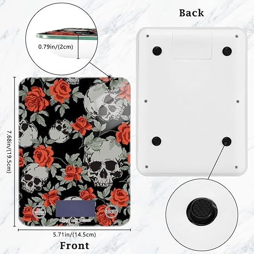 Food Scale Kitchen Digital Scale Food Ounces and Grams Dieting Baking Cooking Waterproof Glass Panels LCD Display,4 Units Scale Tare Function Red Rose Skull