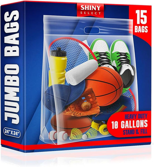 10 Gallon Jumbo Storage Bag w/Handle, Resealable Zipper Top 24x24, 15 Bags – Clear Big Plastic, Extra Large XL, 4 Mil Thick Heavy Duty for Linens, Baby Items, Documents, Sports Equipment