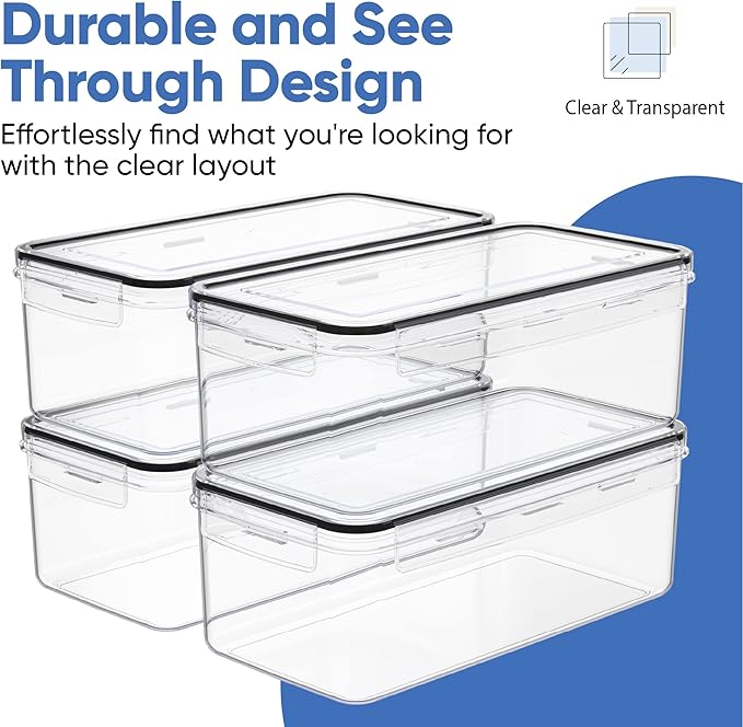 Airtight Food Storage Containers with Lids (Set of 4/3.6 Liters Each), Plastic Spaghetti Container for Pasta & Dry Food Storage, BPA Free Pantry Organizer Set with Kitchen Accessories
