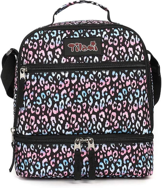 Tilami Lunch Bags Insulated Adjustable Strap Zipper, Two Compartments Cooler Bags, Bento Bags for Kids Toddlers, Colorful Leopard