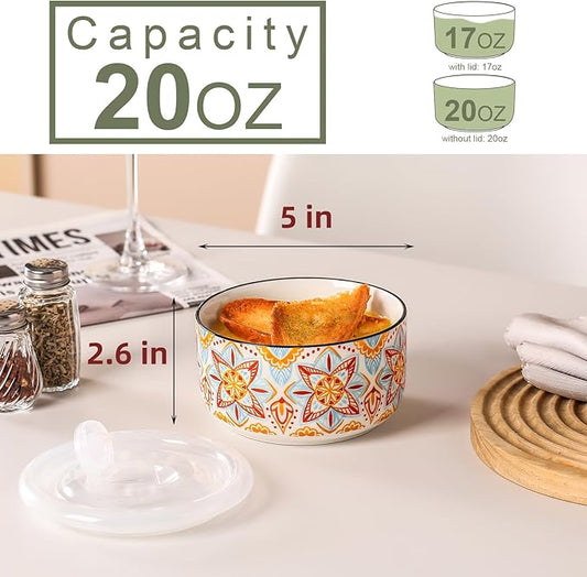 Ceramic Bowl with Lid: Microwave Safe Soup Containers Set of 6 for Meal Prep, Cereal, Salad, Picnic, Camping, Office Lunch, Kitchen Food Storage - 5 Inch, 20 oz, Design B