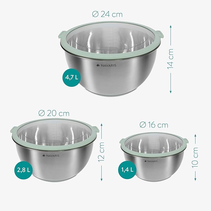 Navaris Stainless Steel Mixing Bowls with Lids (Set of 3) - Small, Medium and Large Mixing Bowl with Lid Set - 1.5 QT, 3 QT, 5 QT - Mint Green