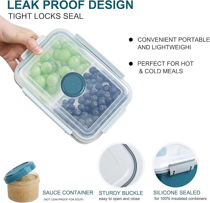 3 Pack Salad Lunch Box Food Storage Containers, 47oz Bento Box To Go Container with Lids, Meal Prep Containers with Removable Tray & Dressing Pots for Kids and Adults, Reusable and Microwave Safe