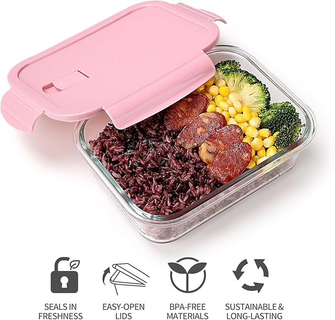 10PCS Glass Food Storage Containers Set with Lids Meal Prep Containers Reusable for Dishwasher Microwave Oven Freezer(10 lids,10 Containers-PINK)